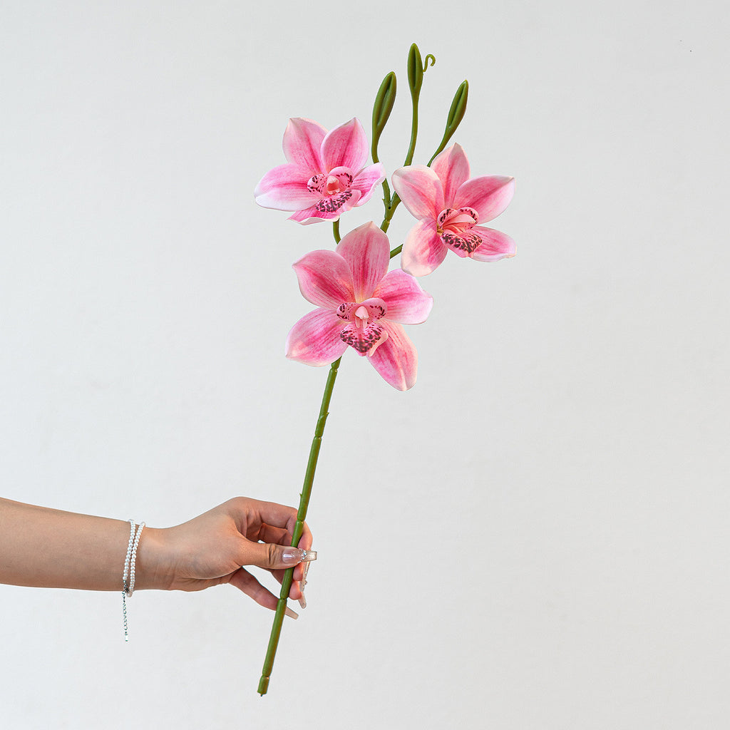 Branche Orchidée Cymbidium Artificielle 55 cm, 3 Fleurs au Réalisme Saisissant, Tige pour Bouquet, Vase, Décoration d'Intérieur, Mariage Chic et Champêtre