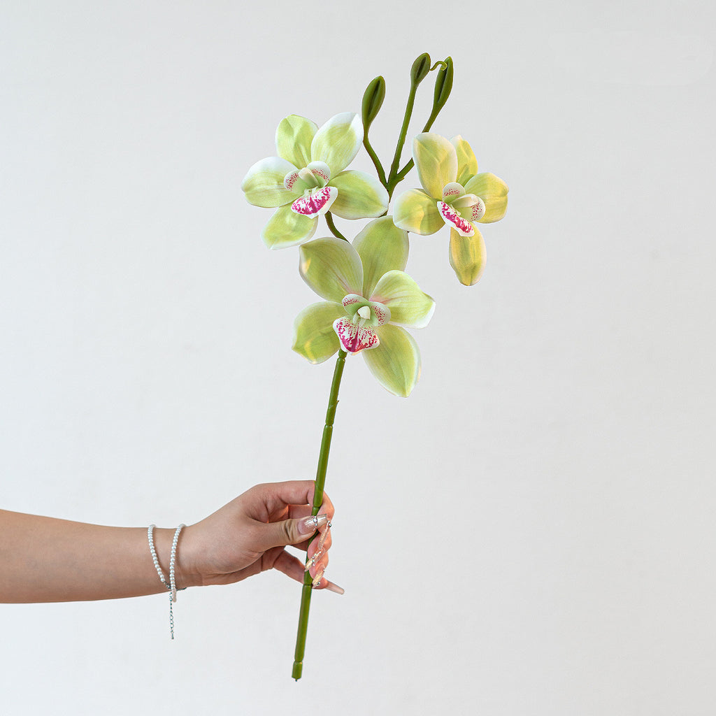 Branche Orchidée Cymbidium Artificielle 55 cm, 3 Fleurs au Réalisme Saisissant, Tige pour Bouquet, Vase, Décoration d'Intérieur, Mariage Chic et Champêtre