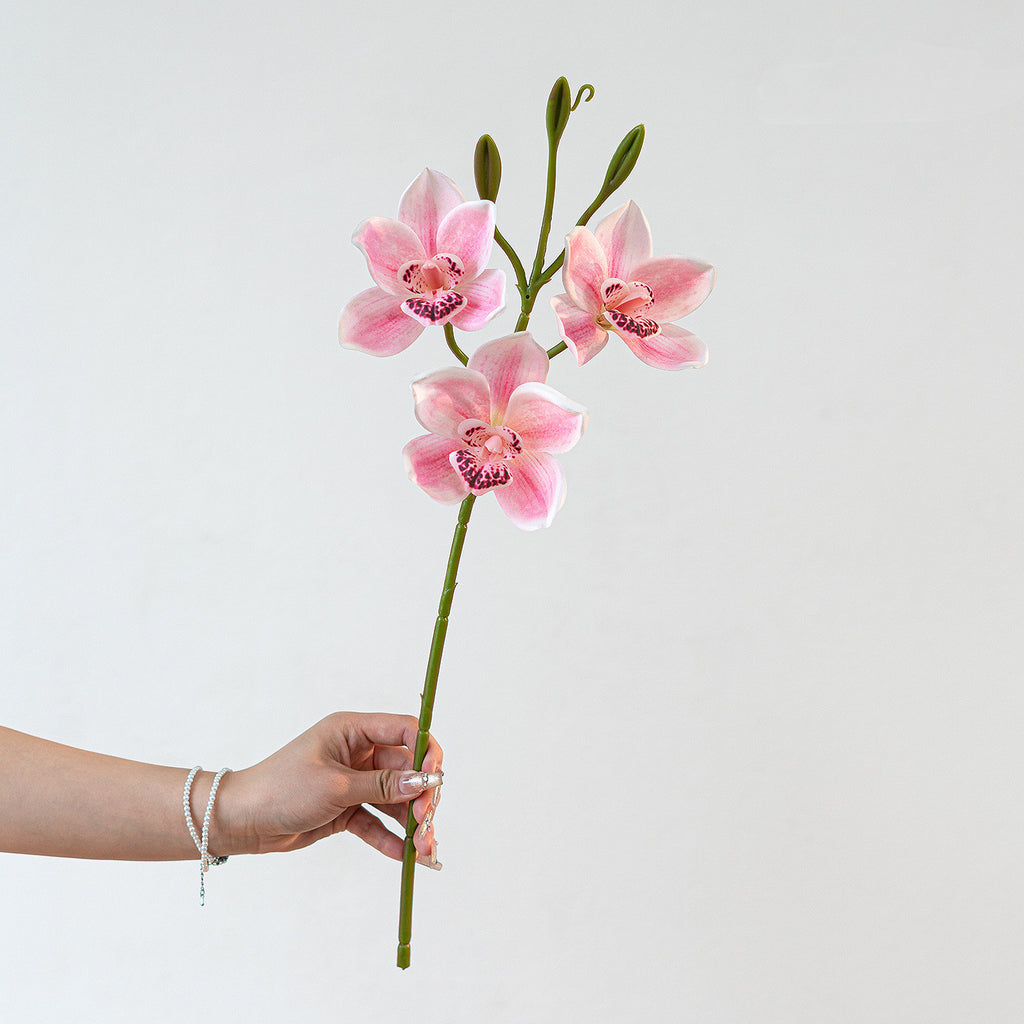Branche Orchidée Cymbidium Artificielle 55 cm, 3 Fleurs au Réalisme Saisissant, Tige pour Bouquet, Vase, Décoration d'Intérieur, Mariage Chic et Champêtre