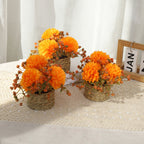 Lot de 2 Chrysanthèmes Pompon Artificiels en Pot Tressé, 14cm, Tons d'Automne, Réalisme Saisissant, Déco Campagne Chic, Mariage, Maison