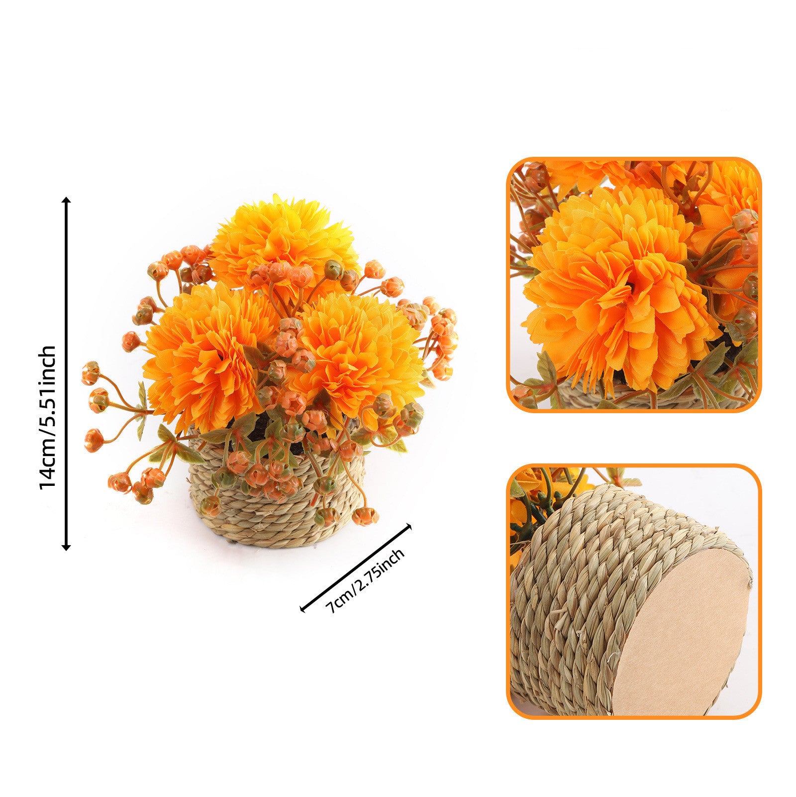Lot de 2 Chrysanthèmes Pompon Artificiels en Pot Tressé, 14cm, Tons d'Automne, Réalisme Saisissant, Déco Campagne Chic, Mariage, Maison