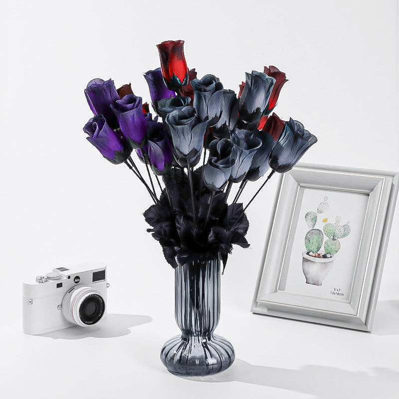 Fleurs artificielles en soie, 5 petites roses noires, 40 cm, décor gothique, Halloween, mariage, décoration intérieure, sans entretien