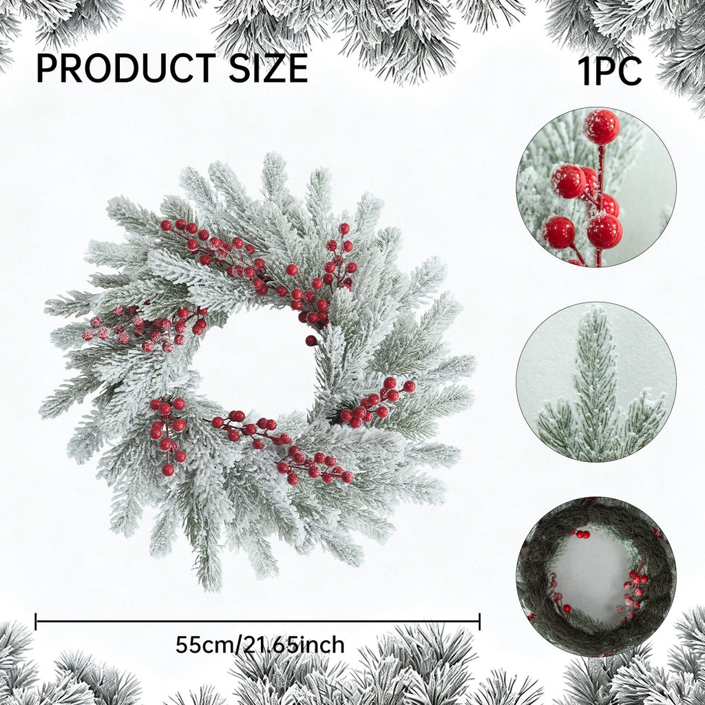Couronne de Noël en Sapin, Baies Rouges et Neige Artificielle, Diamètre 55 cm, Décoration Murale pour Intérieur et Extérieur, Mariage, Boutique, Cadeau Festif