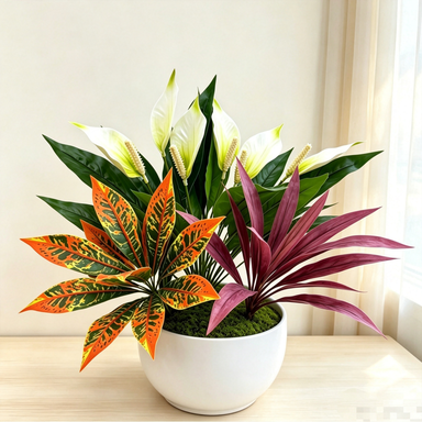 Composition florale artificielle élégante - 3 plantes d'intérieur (58 cm) - Dracaena, Spathiphyllum et Codiaeum, décoration maison chic, mariage, boutique
