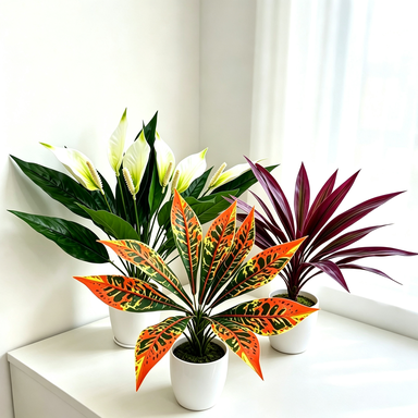 Composition florale artificielle élégante - 3 plantes d'intérieur (58 cm) - Dracaena, Spathiphyllum et Codiaeum, décoration maison chic, mariage, boutique