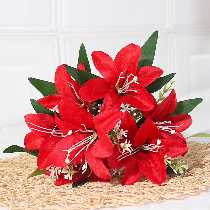 Bouquet de Lys Artificiels en Soie - 7 Fleurs, 35 cm, Décoration Élégante pour Mariage, Intérieur, Extérieur, Cimetière