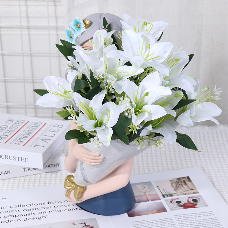 Bouquet de Lys Artificiels en Soie - 7 Fleurs, 35 cm, Décoration Élégante pour Mariage, Intérieur, Extérieur, Cimetière