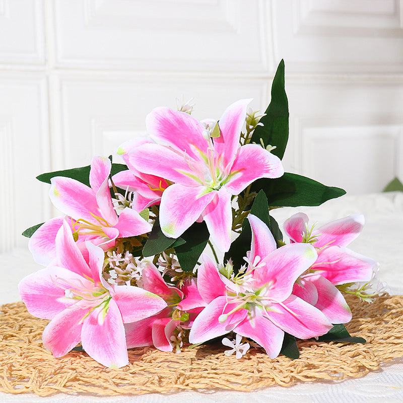 Bouquet de Lys Artificiels en Soie - 7 Fleurs, 35 cm, Décoration Élégante pour Mariage, Intérieur, Extérieur, Cimetière