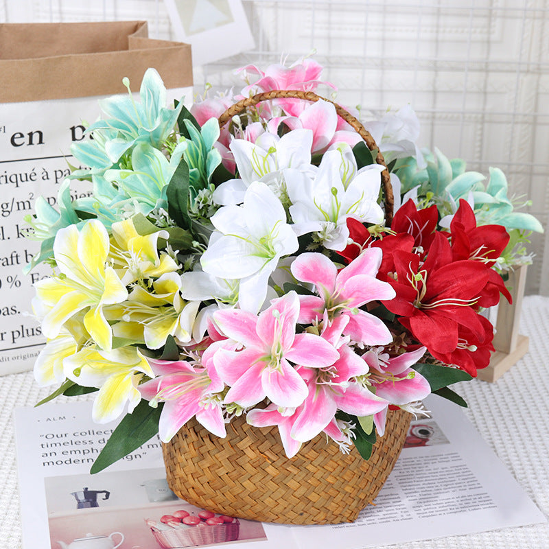 Bouquet de Lys Artificiels en Soie - 7 Fleurs, 35 cm, Décoration Élégante pour Mariage, Intérieur, Extérieur, Cimetière