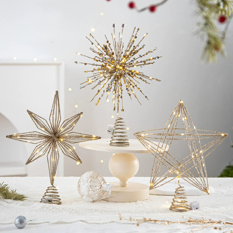 Étoile de Noël pour sapin, décoration étoile à cinq branches avec lumière, 6 modèles, dimensions en cm