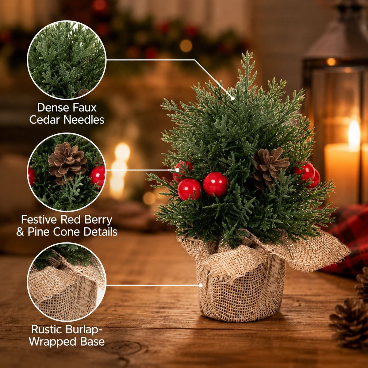 Petit sapin de Noël en toile de jute, décoration de table élégante avec pommes de pin, 3 tailles (15 cm, 20 cm, 25 cm), ambiance chaleureuse et rustique