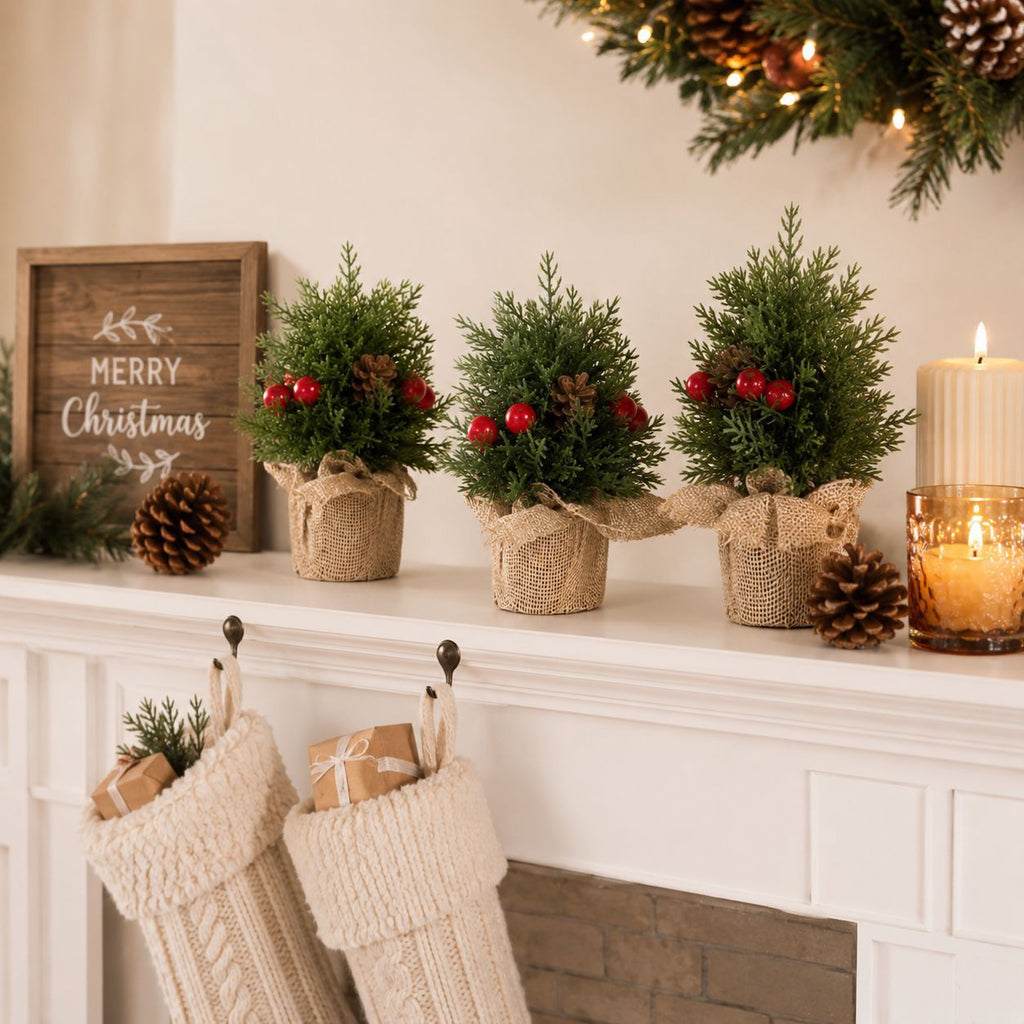 Petit sapin de Noël en toile de jute, décoration de table élégante avec pommes de pin, 3 tailles (15 cm, 20 cm, 25 cm), ambiance chaleureuse et rustique