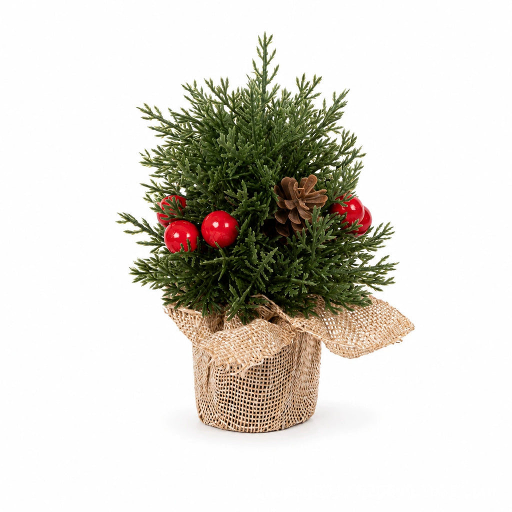 Petit sapin de Noël en toile de jute, décoration de table élégante avec pommes de pin, 3 tailles (15 cm, 20 cm, 25 cm), ambiance chaleureuse et rustique