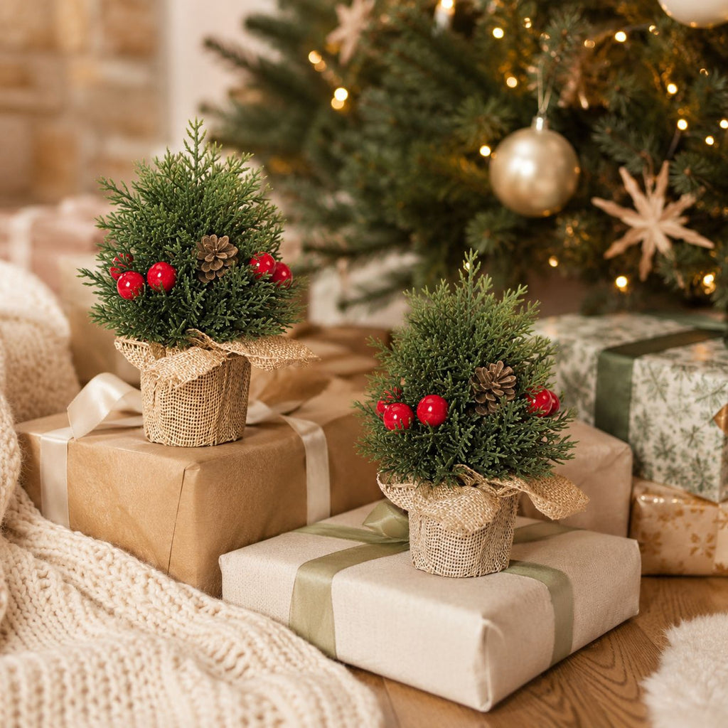 Petit sapin de Noël en toile de jute, décoration de table élégante avec pommes de pin, 3 tailles (15 cm, 20 cm, 25 cm), ambiance chaleureuse et rustique