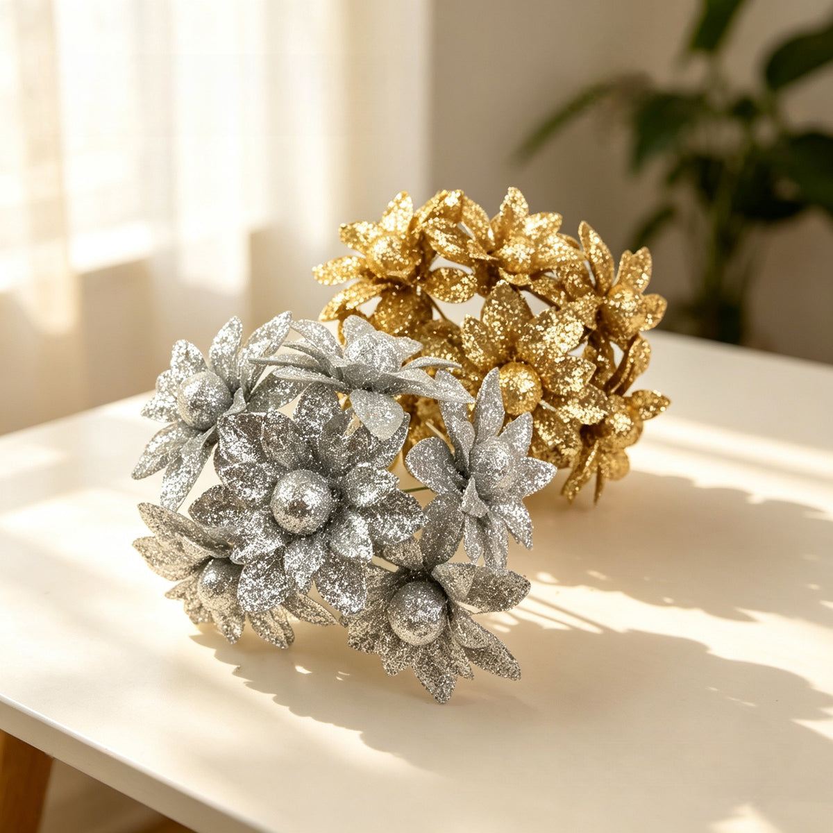 Fleurs artificielles sauvages dorées et argentées, 5 cm, pack de 60 têtes, décoration florale pour mariage, maison et vitrine