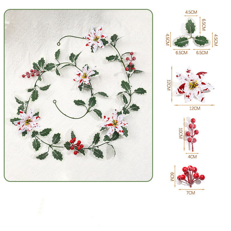 Guirlande de fête en fleurs artificielles, baies de poinsettia rouges et blanches, décoration élégante pour intérieur, longueur 175 cm