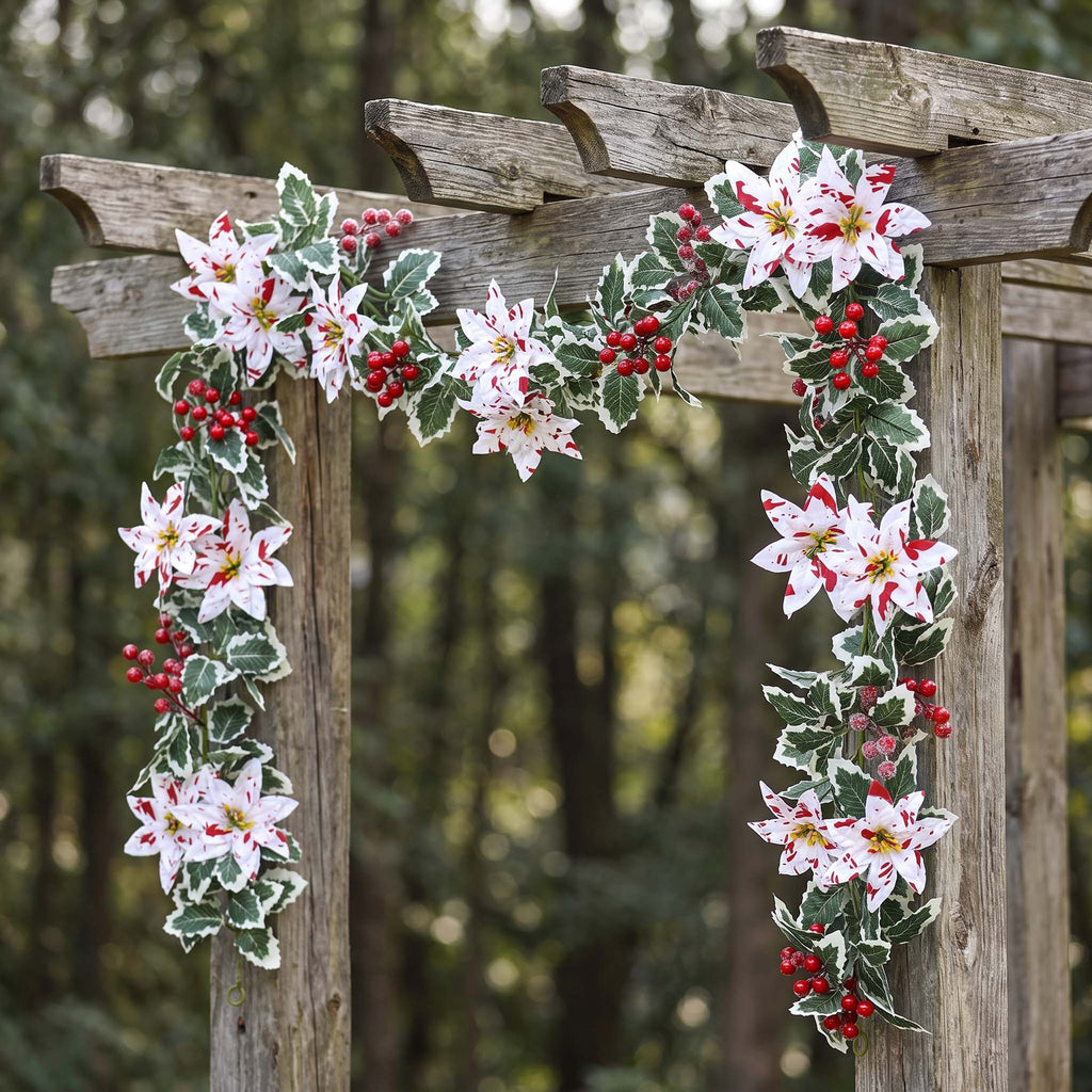 Guirlande de fête en fleurs artificielles, baies de poinsettia rouges et blanches, décoration élégante pour intérieur, longueur 175 cm