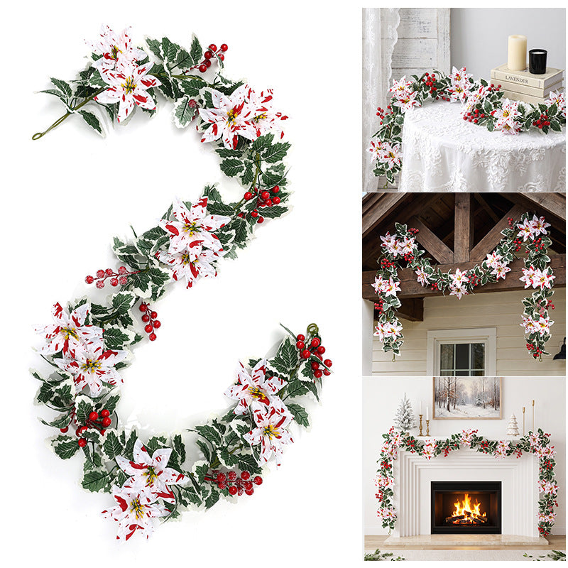 Guirlande de fête en fleurs artificielles, baies de poinsettia rouges et blanches, décoration élégante pour intérieur, longueur 175 cm