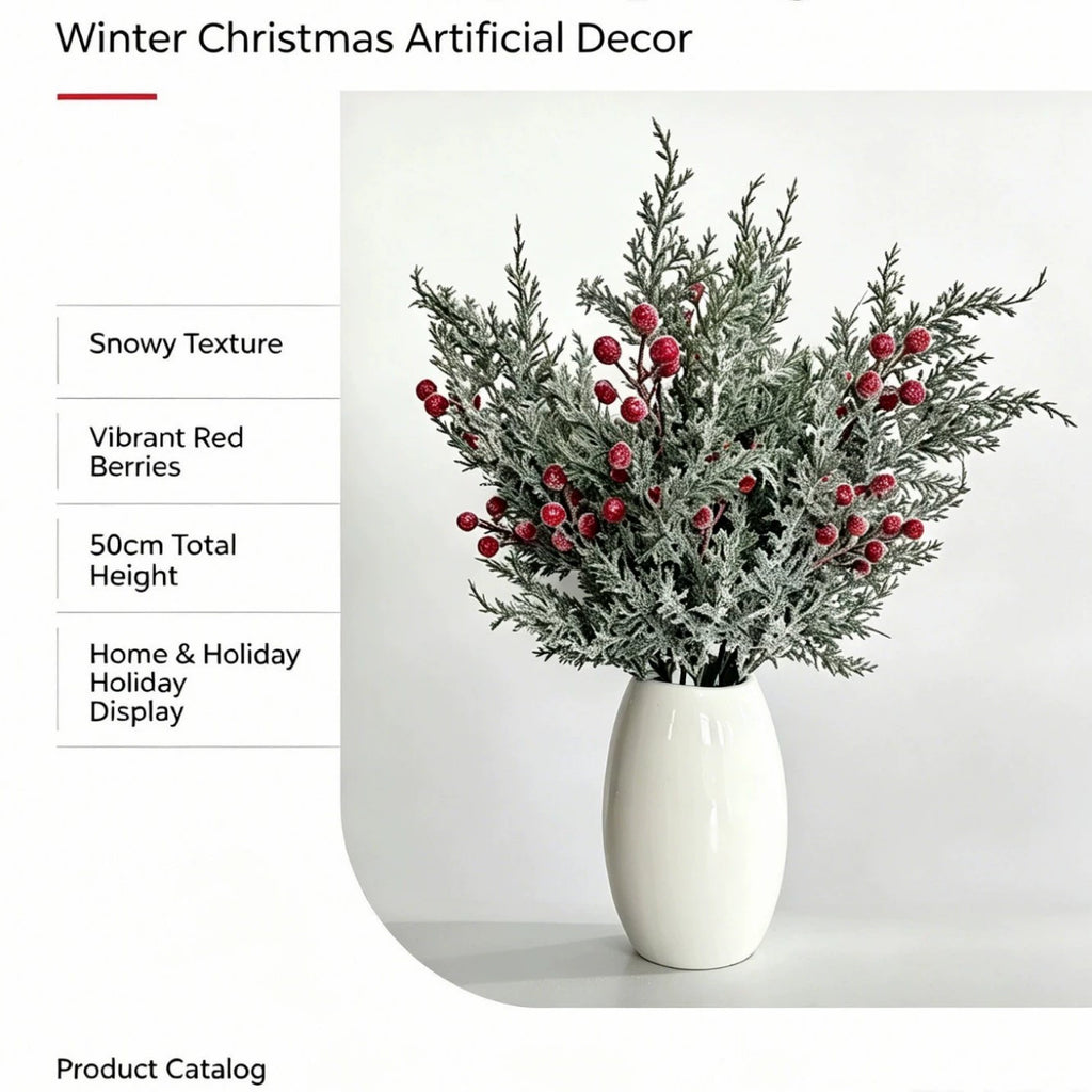 Branche de pin artificiel avec baies rouges 50 cm - Décoration intemporelle pour Noël, mariage, terrasse, cimetière - Ambiance champêtre provençale