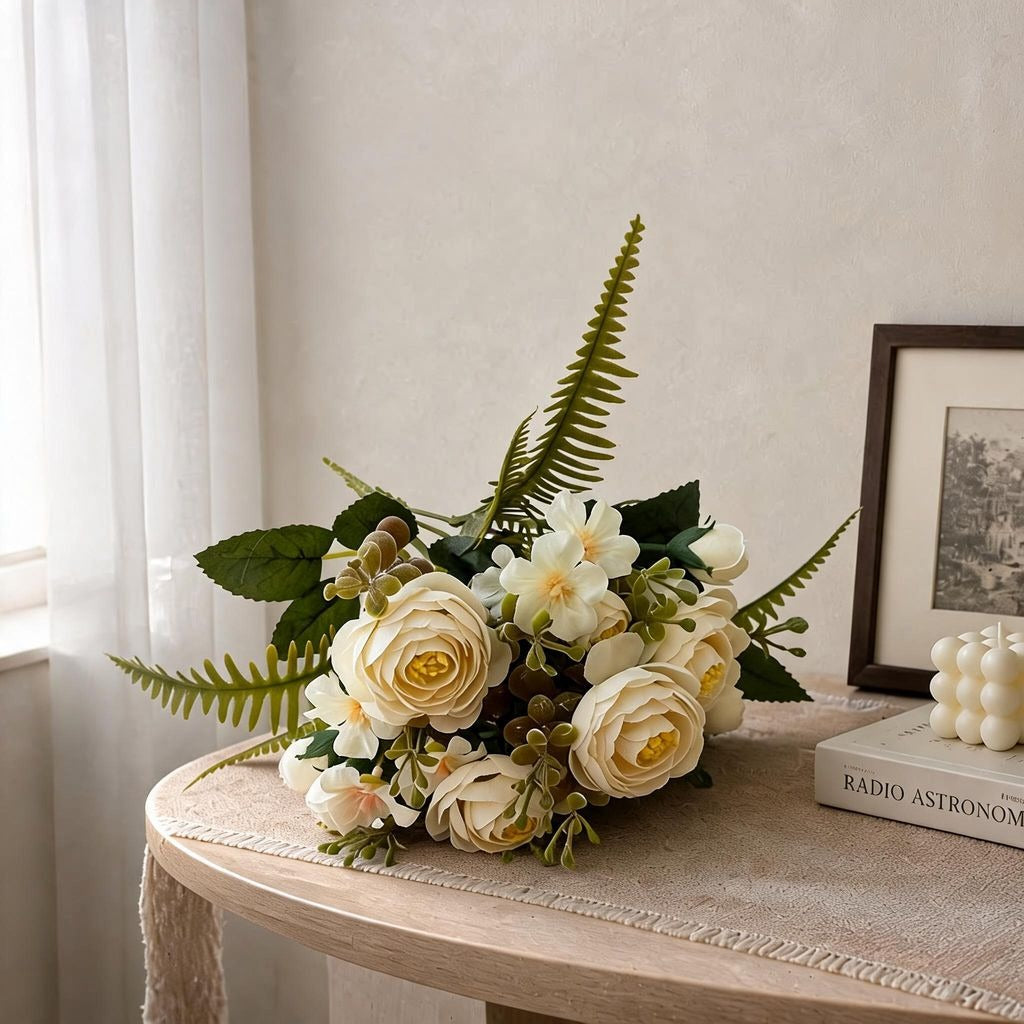 Bouquet de roses thé en soie artificielle, 31 cm, décoration florale pour mariage et intérieur, ambiance élégante et romantique