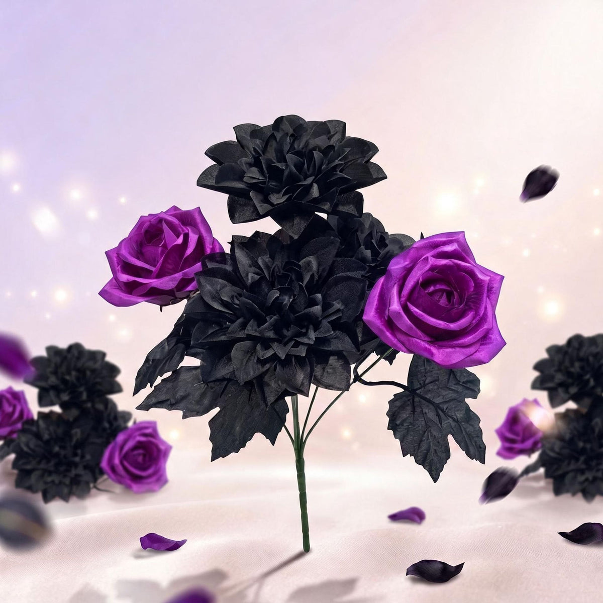 5 têtes de roses dahlias violettes noires artificielles, 32 cm, décoration événementielle, mariage, ambiance romantique, sans vase