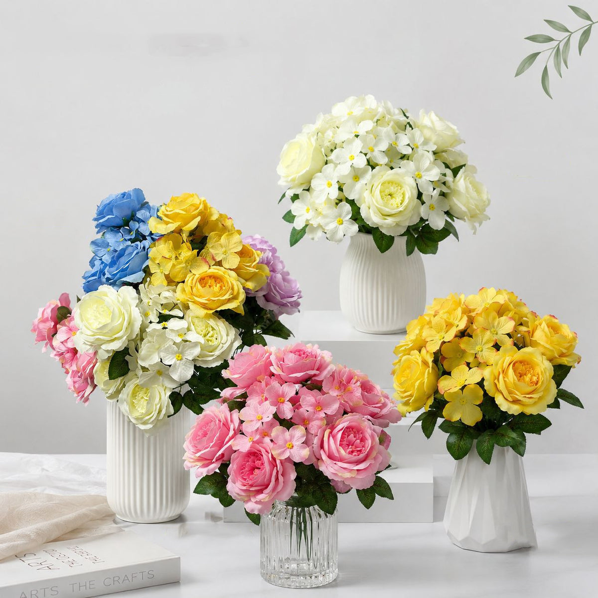 Bouquet de 9 têtes d’hortensias roses, fleurs artificielles en soie, 45 cm, décoration de mariage, décoration d'intérieur, ambiance romantique