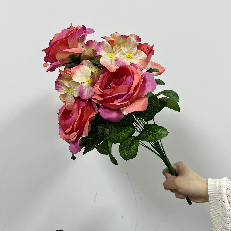 Bouquet de 9 têtes d’hortensias roses, fleurs artificielles en soie, 45 cm, décoration de mariage, décoration d'intérieur, ambiance romantique