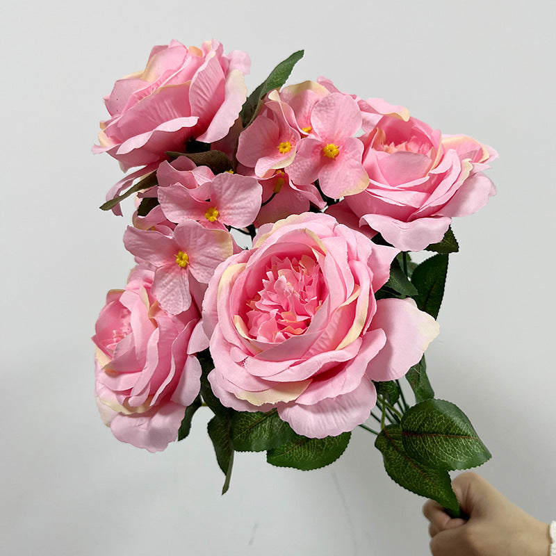 Bouquet de 9 têtes d’hortensias roses, fleurs artificielles en soie, 45 cm, décoration de mariage, décoration d'intérieur, ambiance romantique