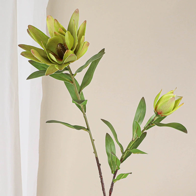 Fleur artificielle Protea, tige unique avec 2 fleurs, 72 cm, soie, décoration intérieure élégante, blanc, vert, jaune, rose