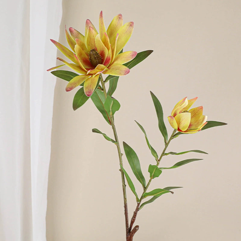 Fleur artificielle Protea, tige unique avec 2 fleurs, 72 cm, soie, décoration intérieure élégante, blanc, vert, jaune, rose