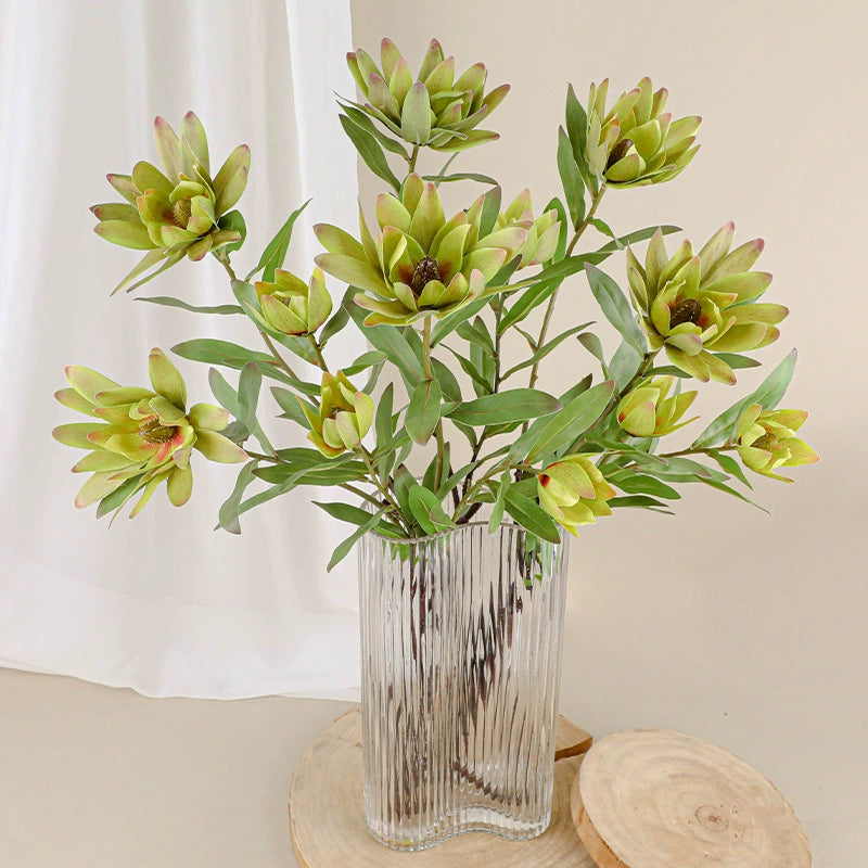 Fleur artificielle Protea, tige unique avec 2 fleurs, 72 cm, soie, décoration intérieure élégante, blanc, vert, jaune, rose