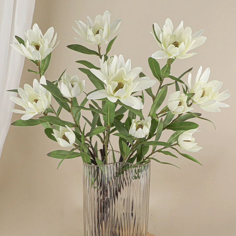 Fleur artificielle Protea, tige unique avec 2 fleurs, 72 cm, soie, décoration intérieure élégante, blanc, vert, jaune, rose