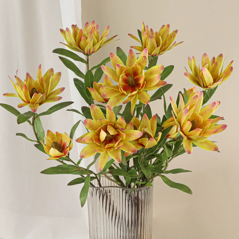 Fleur artificielle Protea, tige unique avec 2 fleurs, 72 cm, soie, décoration intérieure élégante, blanc, vert, jaune, rose