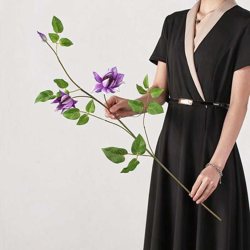 Fleur artificielle Clématite, tige unique avec 3 fleurs, 90 cm, décoration intérieure élégante, style champêtre, pour maison, hôtel ou événement