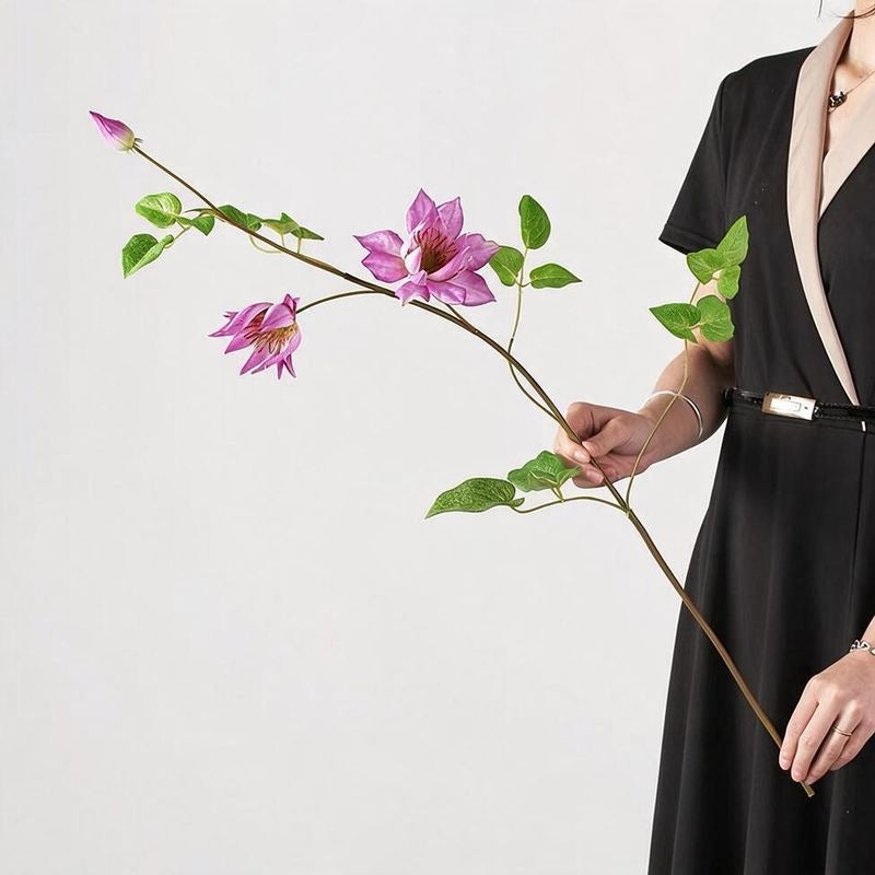Fleur artificielle Clématite, tige unique avec 3 fleurs, 90 cm, décoration intérieure élégante, style champêtre, pour maison, hôtel ou événement