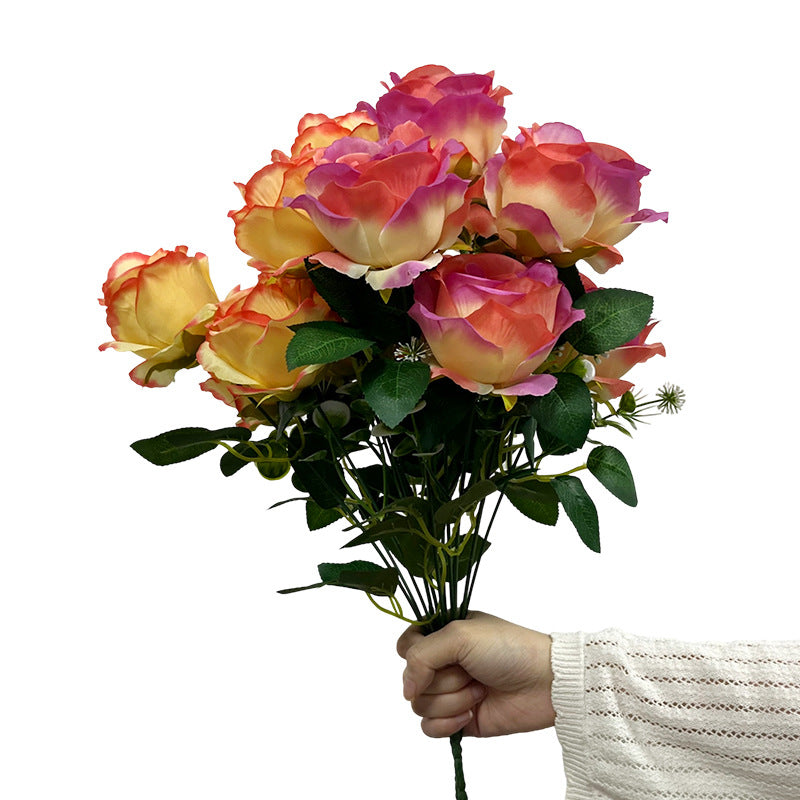 Bouquet de 7 roses artificielles en soie, 43 cm, dégradé de couleurs, idéal pour mariages et décoration intérieure