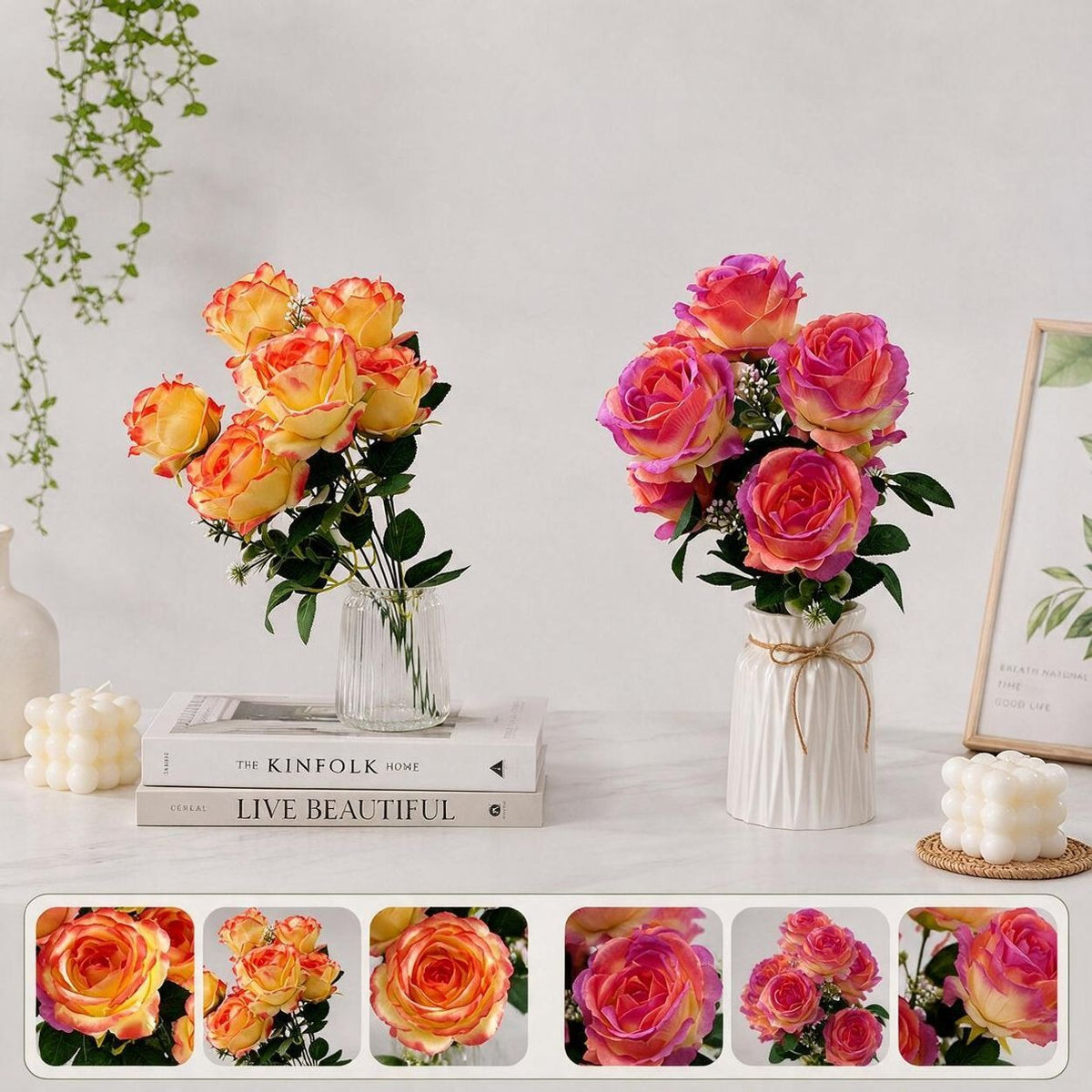 Bouquet de 7 roses artificielles en soie, 43 cm, dégradé de couleurs, idéal pour mariages et décoration intérieure
