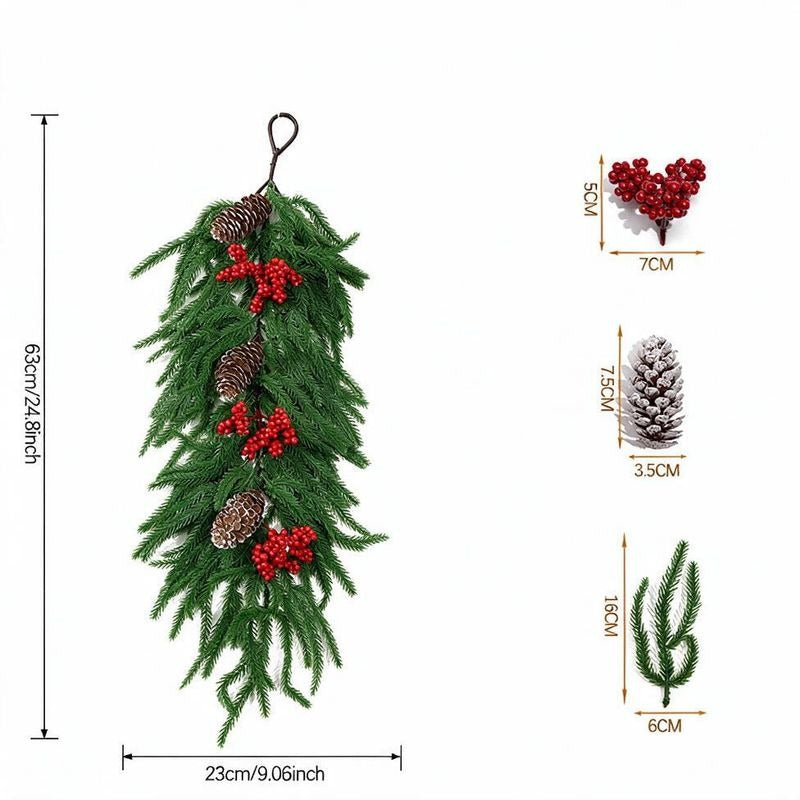 Décoration murale de Noël, guirlande de branches de pin artificielles avec baies rouges et fleurs de Noël, 64 cm, intérieur, fêtes