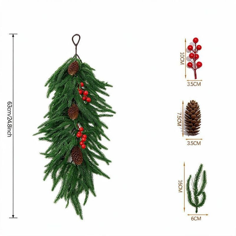 Décoration murale de Noël, guirlande de branches de pin artificielles avec baies rouges et fleurs de Noël, 64 cm, intérieur, fêtes