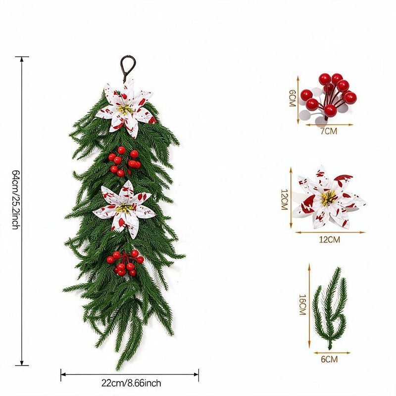 Décoration murale de Noël, guirlande de branches de pin artificielles avec baies rouges et fleurs de Noël, 64 cm, intérieur, fêtes