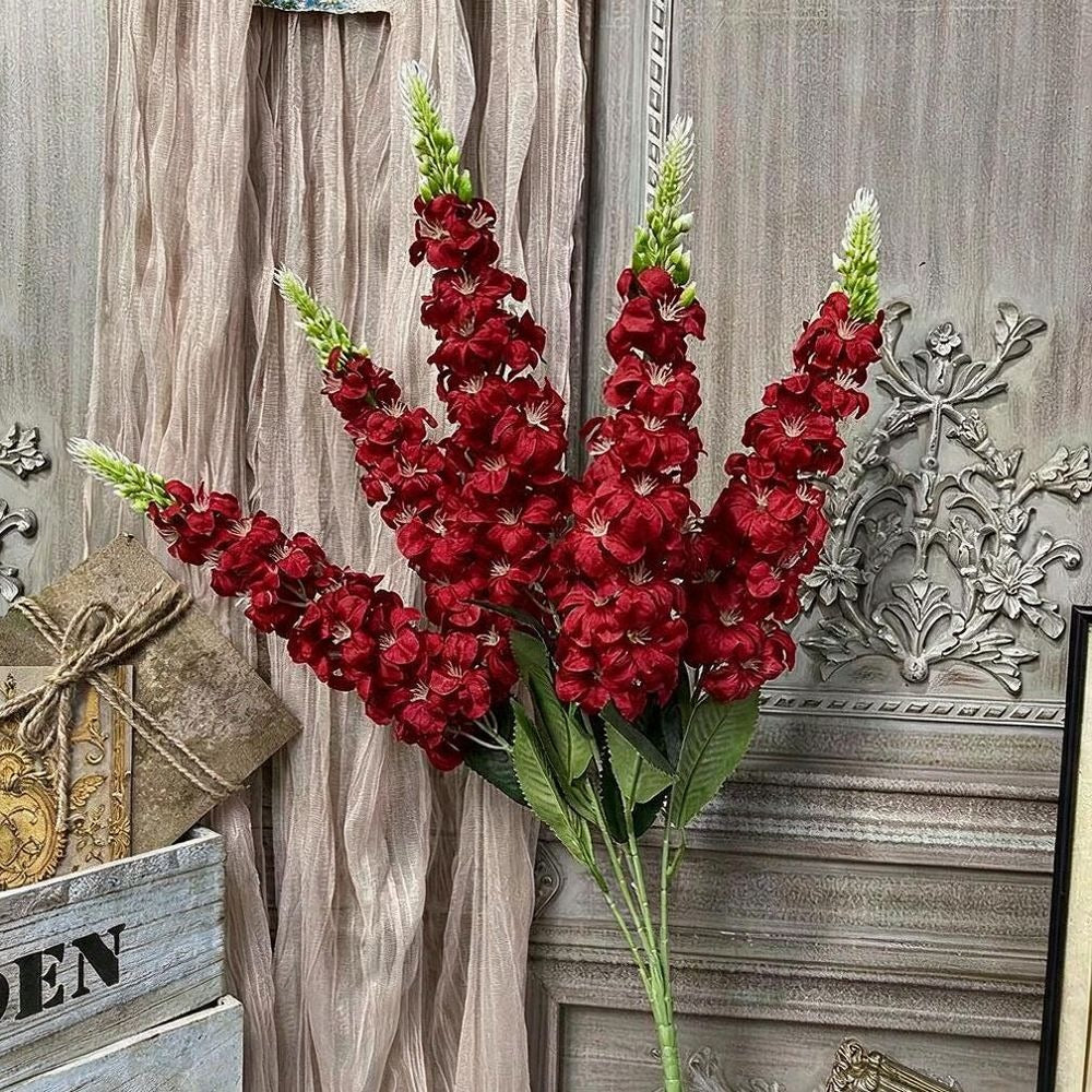 Fleurs artificelles élégantes pour mariage, bouquet de 5 tiges delphinium bleu et violet avec hyacinthe et giroflée, 57 cm, décoration de table et événement, style bohème chic
