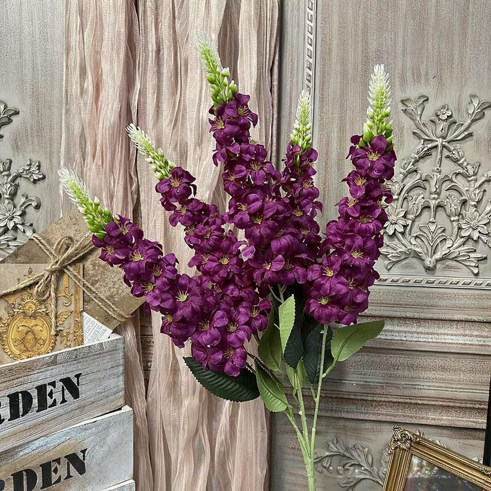 Fleurs artificelles élégantes pour mariage, bouquet de 5 tiges delphinium bleu et violet avec hyacinthe et giroflée, 57 cm, décoration de table et événement, style bohème chic