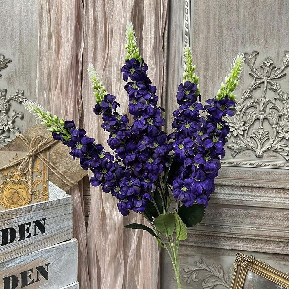 Fleurs artificelles élégantes pour mariage, bouquet de 5 tiges delphinium bleu et violet avec hyacinthe et giroflée, 57 cm, décoration de table et événement, style bohème chic