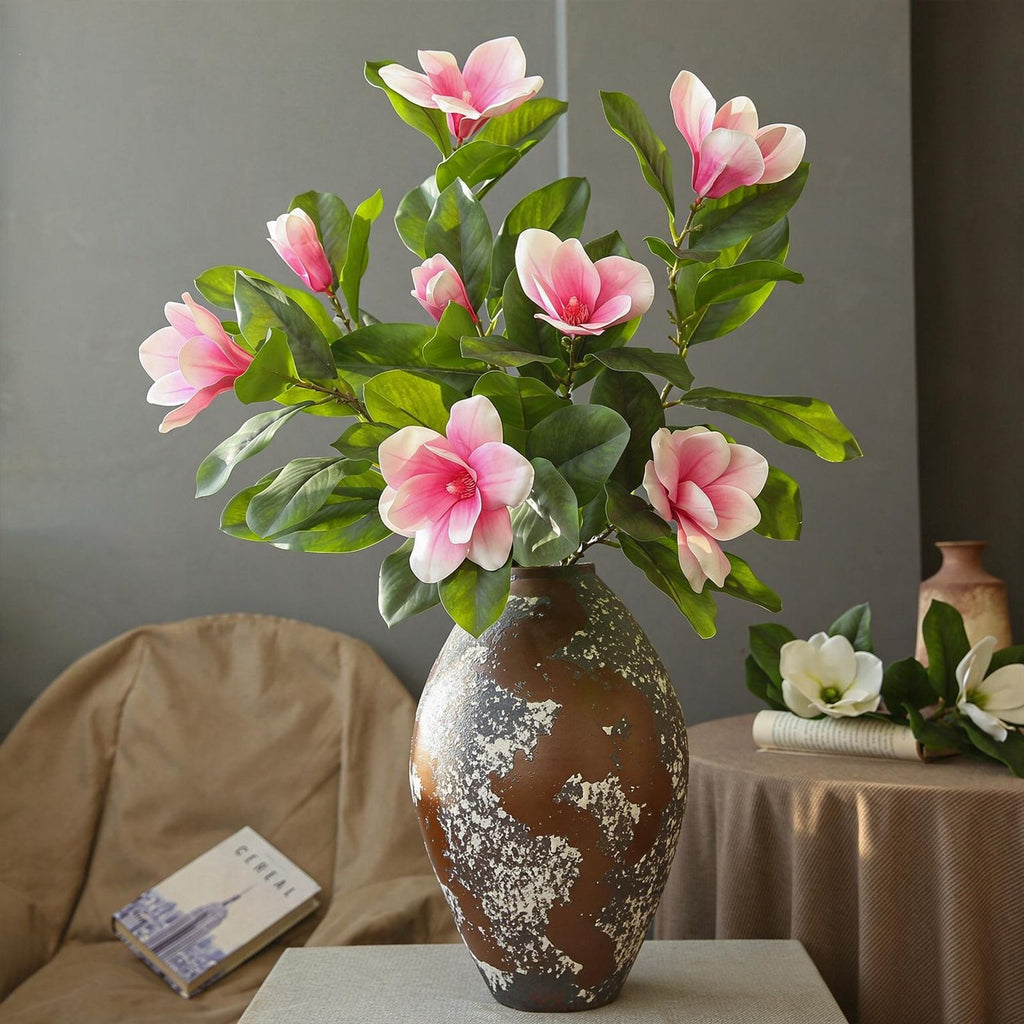 Magnolia artificiel en latex, tige unique avec 4 fleurs, 100 cm, blanc ou rose, décoration intérieure élégante, hôtel ou maison
