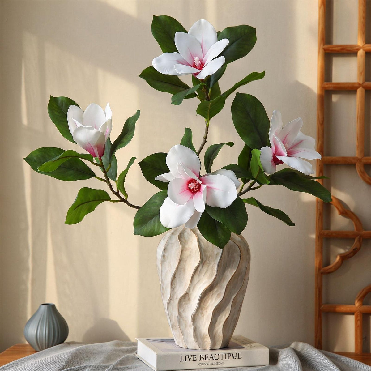 Magnolia artificiel en latex, tige unique avec 4 fleurs, 100 cm, blanc ou rose, décoration intérieure élégante, hôtel ou maison