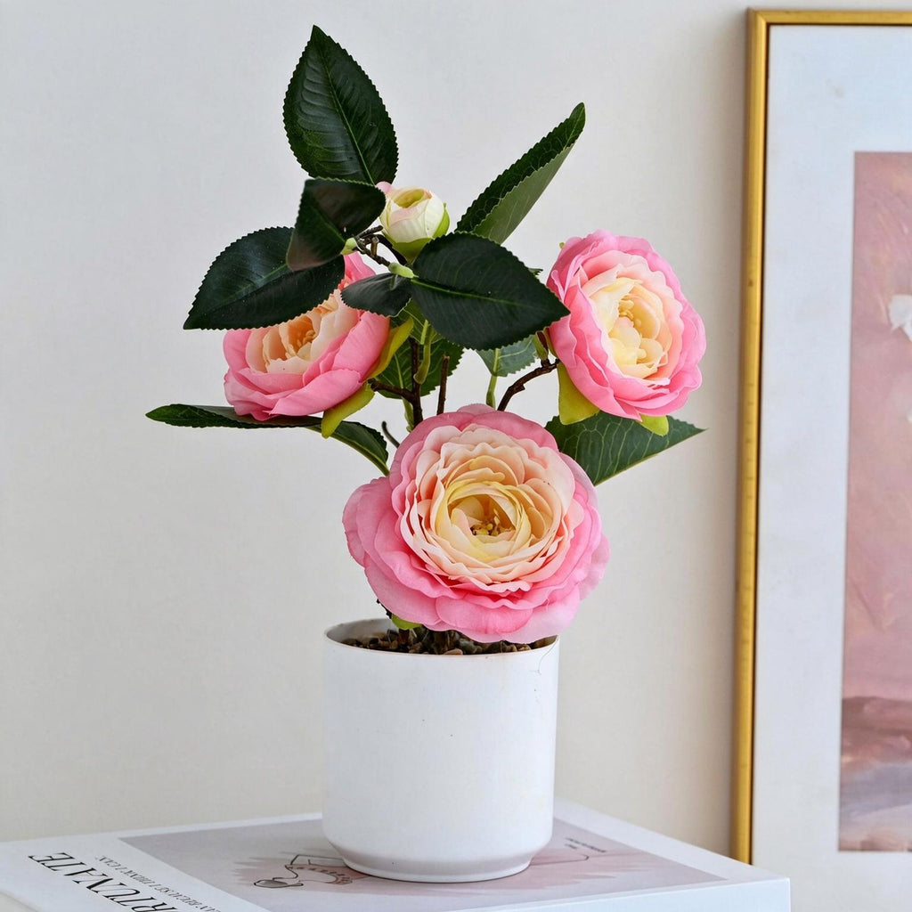 Fleurs artificielles camélia 4 têtes, bouquet élégant pour décoration intérieure, bureau, mariage ou cadeau, hauteur 26 cm avec pot inclus