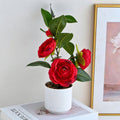 Fleurs artificielles camélia 4 têtes, bouquet élégant pour décoration intérieure, bureau, mariage ou cadeau, hauteur 26 cm avec pot inclus