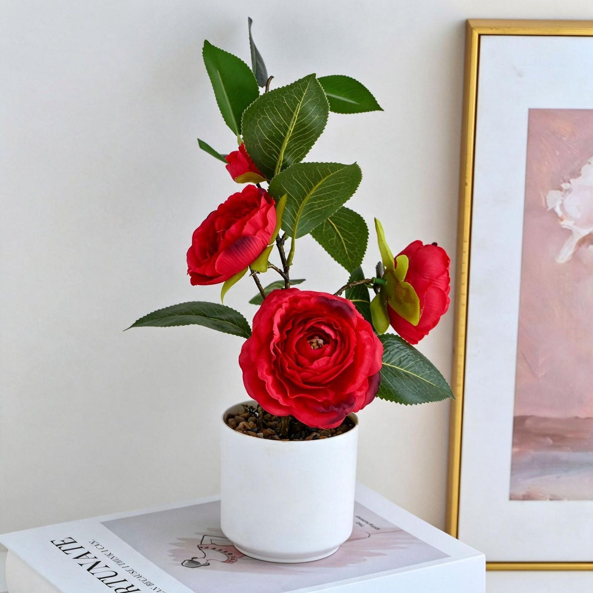 Fleurs artificielles camélia 4 têtes, bouquet élégant pour décoration intérieure, bureau, mariage ou cadeau, hauteur 26 cm avec pot inclus