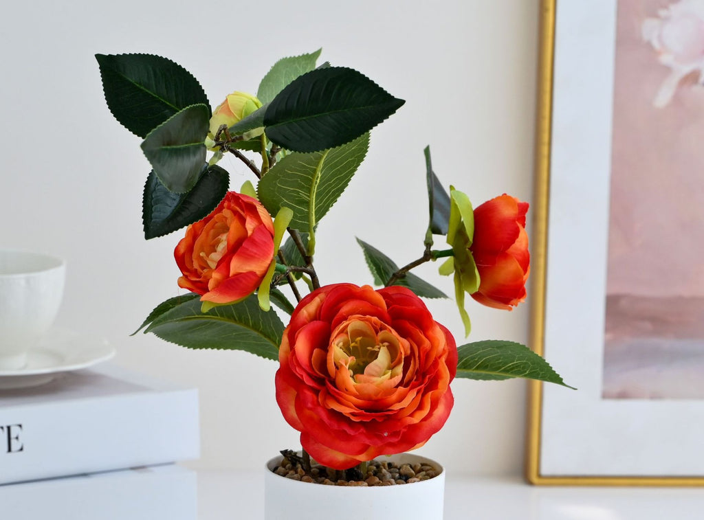 Fleurs artificielles camélia 4 têtes, bouquet élégant pour décoration intérieure, bureau, mariage ou cadeau, hauteur 26 cm avec pot inclus