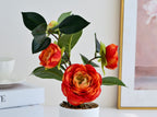 Fleurs artificielles camélia 4 têtes, bouquet élégant pour décoration intérieure, bureau, mariage ou cadeau, hauteur 26 cm avec pot inclus